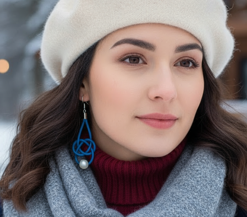 Pendientes estilo marinero de cuero azul y perla