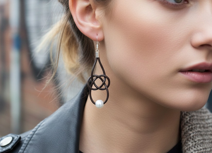 Pendientes nudo marinero infinito de cuero con ganchos de plata o acero