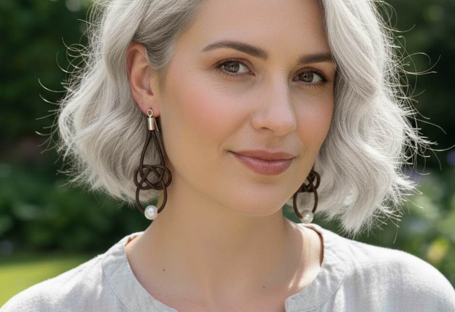 Pendientes estilo marinero de cuero azul y perla