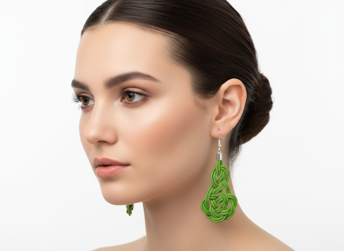 Boucles d'oreilles longues celtiques en cuir et acier avec noeuds macramé
