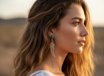 Pendientes largos con adorno en forma de alas y bolas color turquesa. Los pendientes son muy románticos con su adorno de alas de ángel, llevan cierre de mariposa a presión.