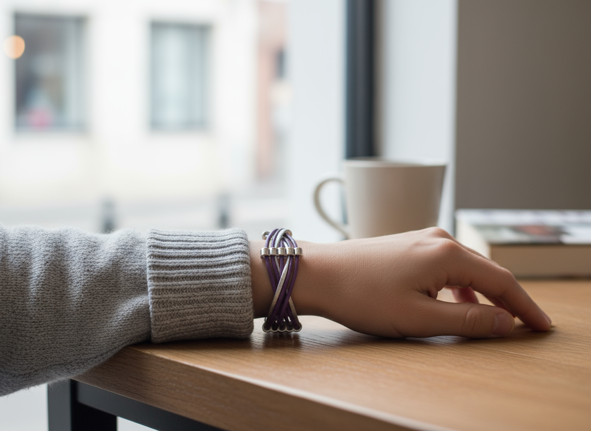 pulsera cuero trenzado morado y plata