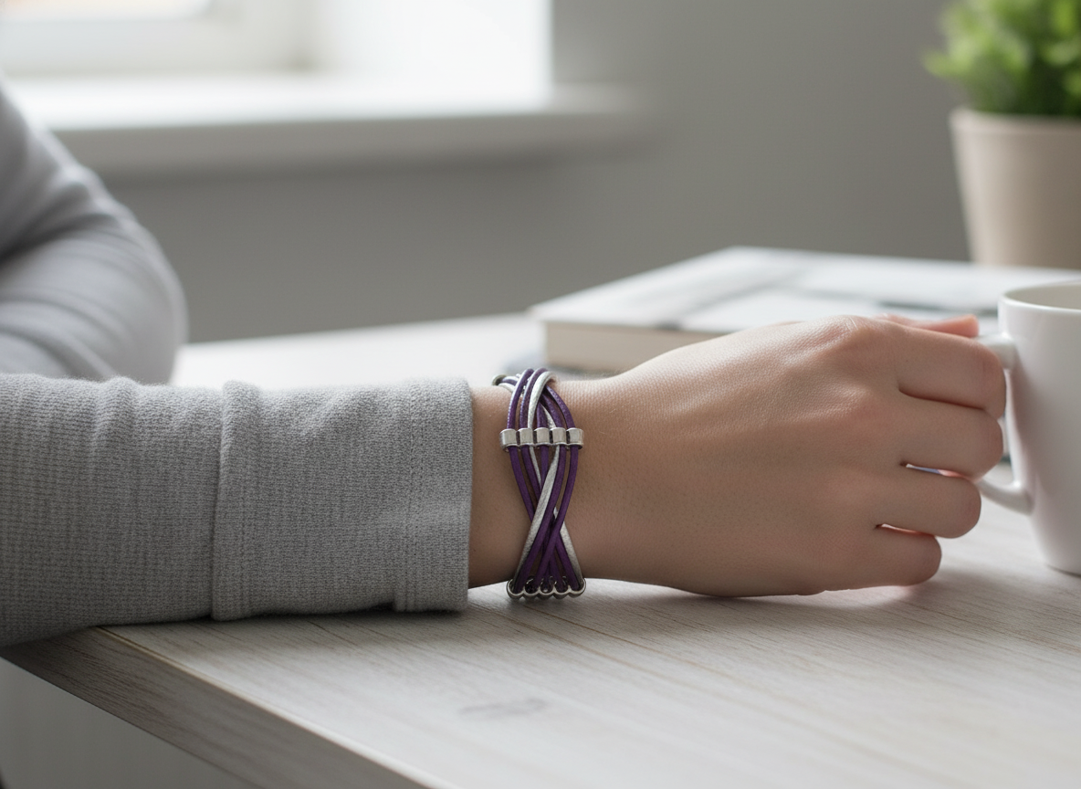 pulsera cuero trenzado morado y plata
