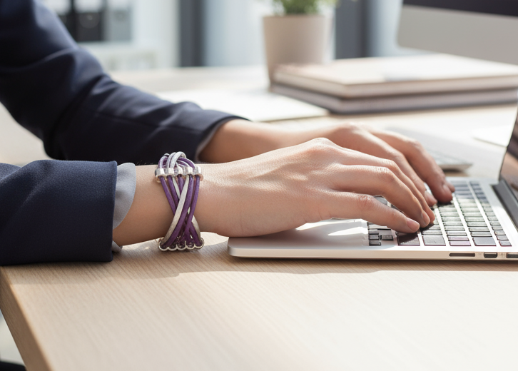 pulsera cuero trenzado morado y plata