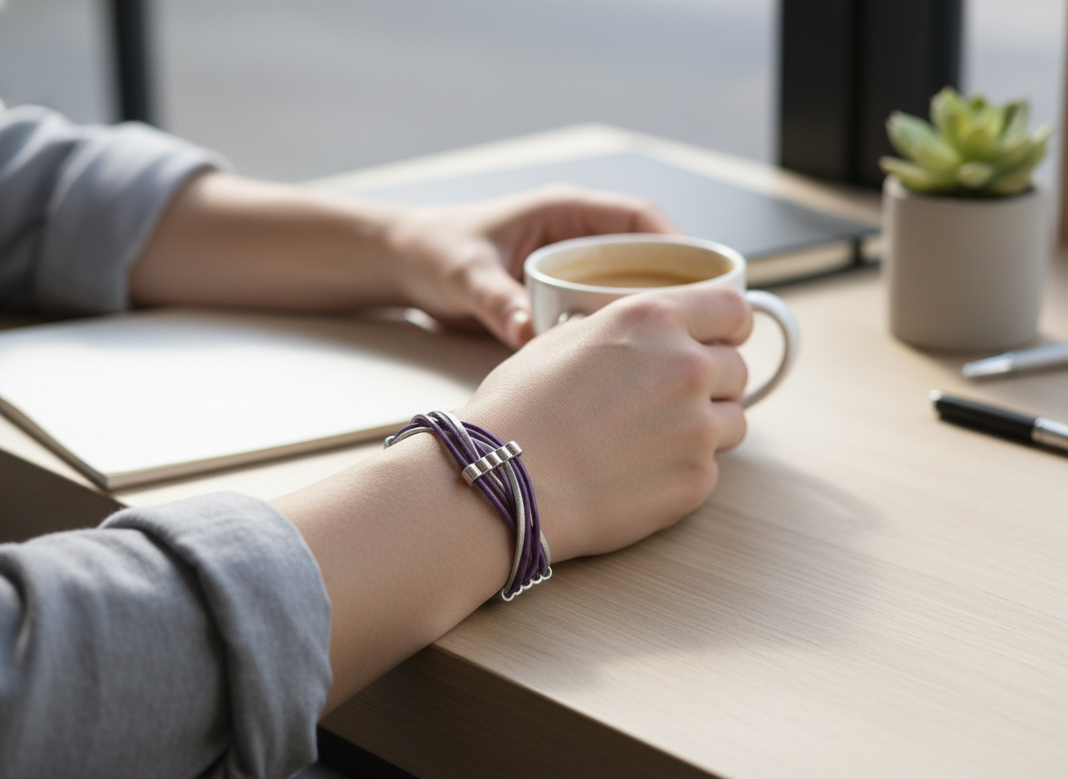 pulsera cuero trenzado morado y plata