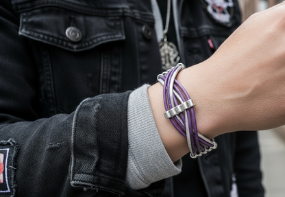 pulsera cuero trenzado morado y plata