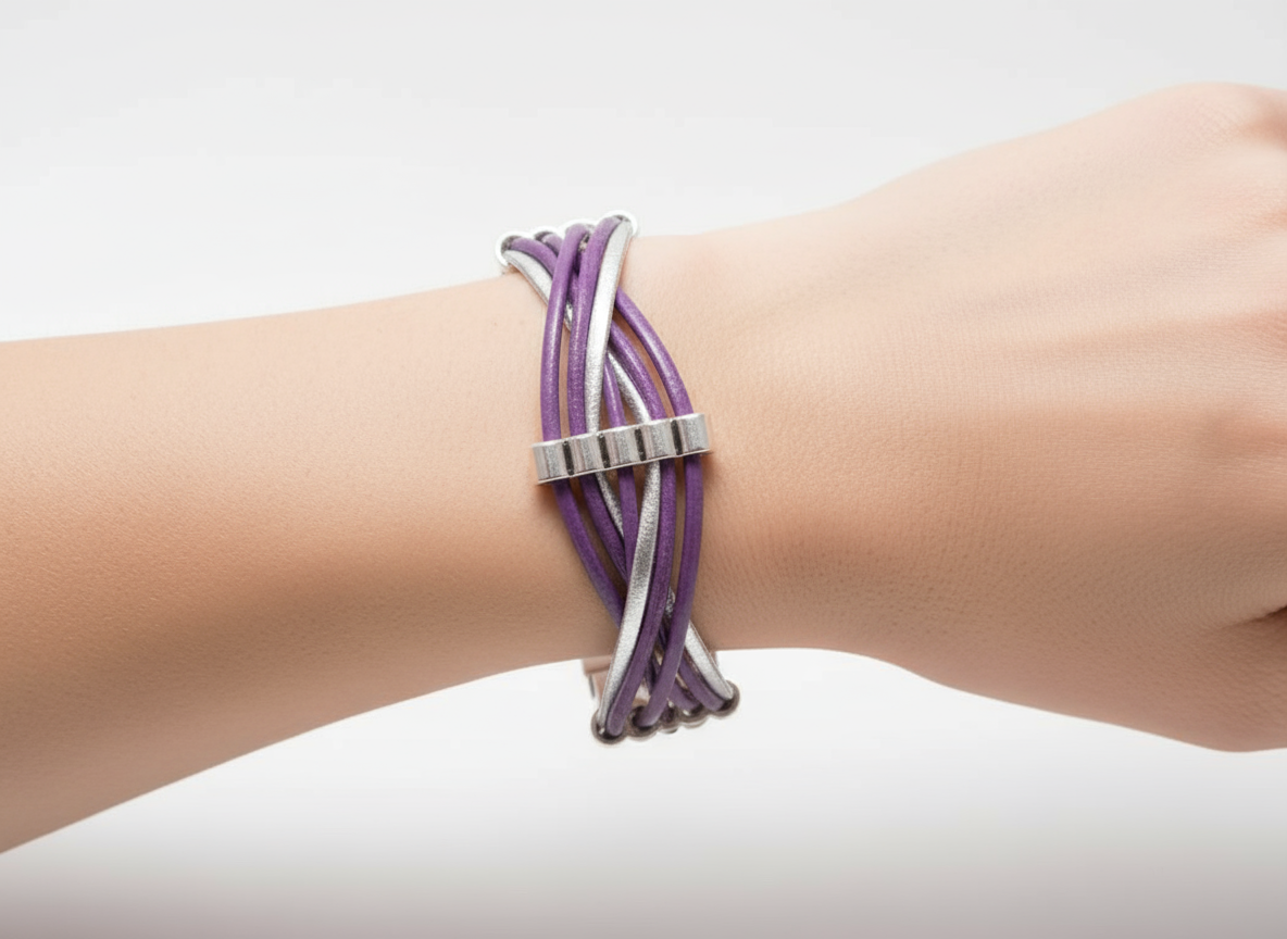 pulsera cuero trenzado morado y plata