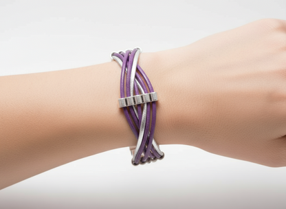 pulsera cuero trenzado morado y plata
