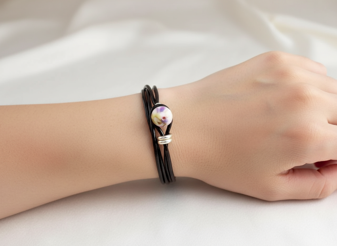 Bracelet double en cuir avec boule en céramique décorée