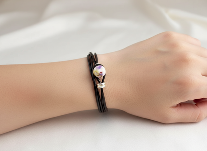 Bracelet double en cuir avec boule en céramique décorée