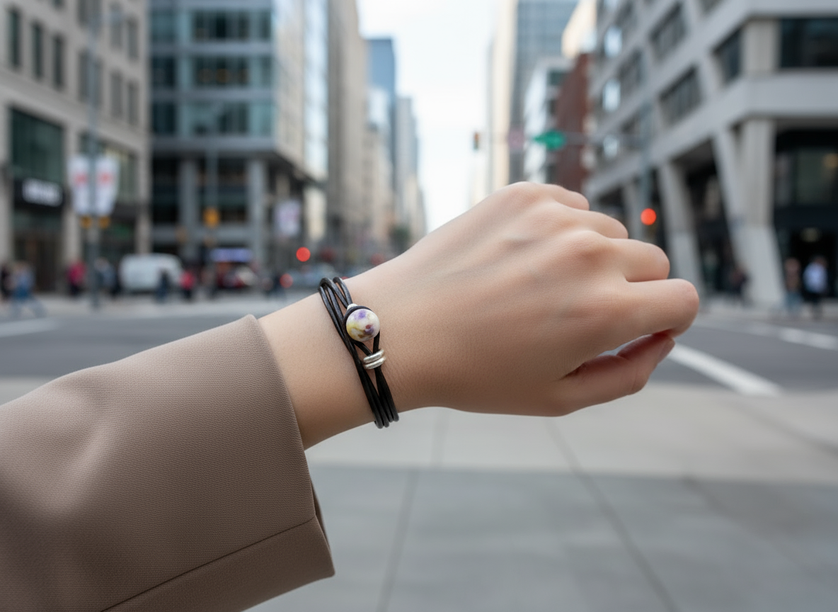 Bracelet double en cuir avec boule en céramique décorée