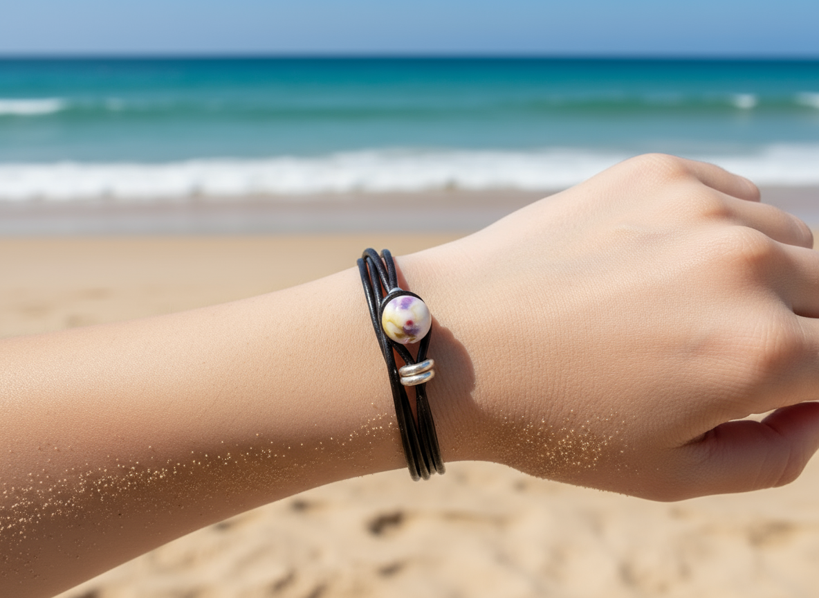 Bracelet double en cuir avec boule en céramique décorée