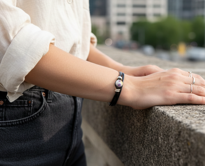 Bracelet double en cuir avec boule en céramique décorée