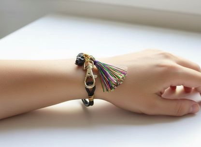 Black leather bracelet with skull with multicolor pompom