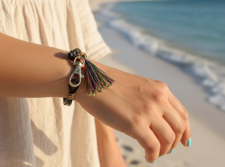 Pulsera de cuero negro con calavera con pompón multicolor