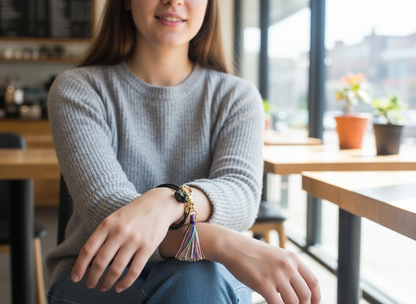 Pulsera de cuero negro con calavera con pompón multicolor