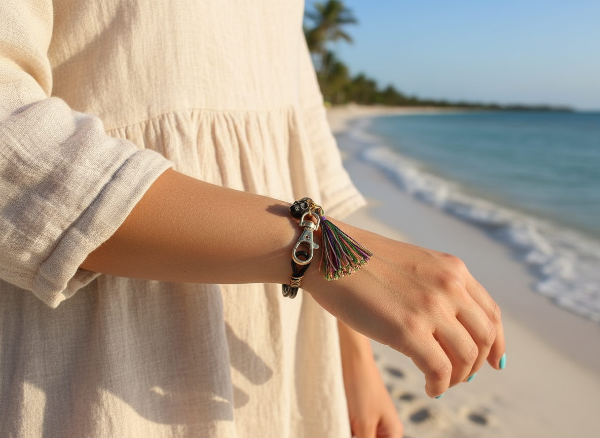 Pulsera de cuero negro con calavera con pompón multicolor