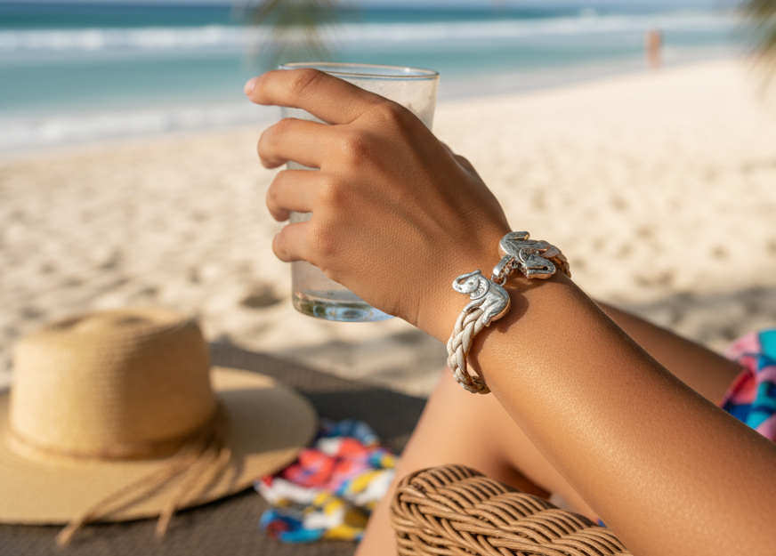Pulsera de cuero trenzado blanco con elefantes de suerte