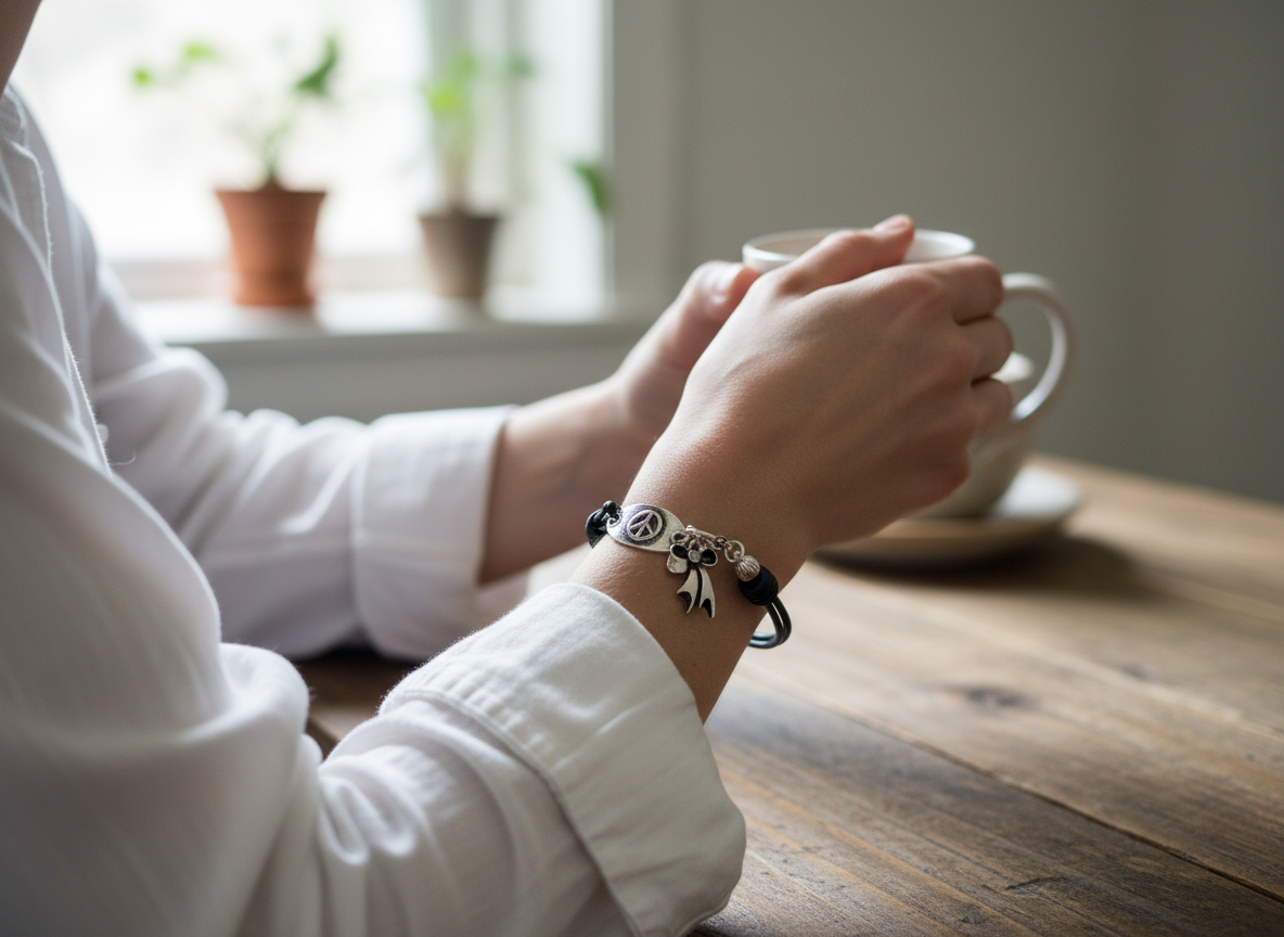 pulsera de cuero estilo hippie con simbolo de la paz . Raquel Jimenez  Artesanía