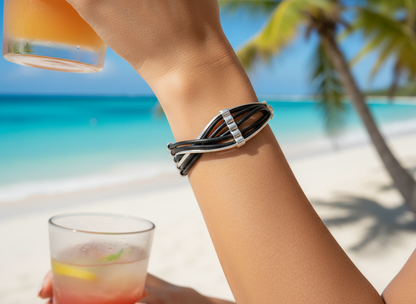 Bracelet unisexe en cuir tressé noir et argent