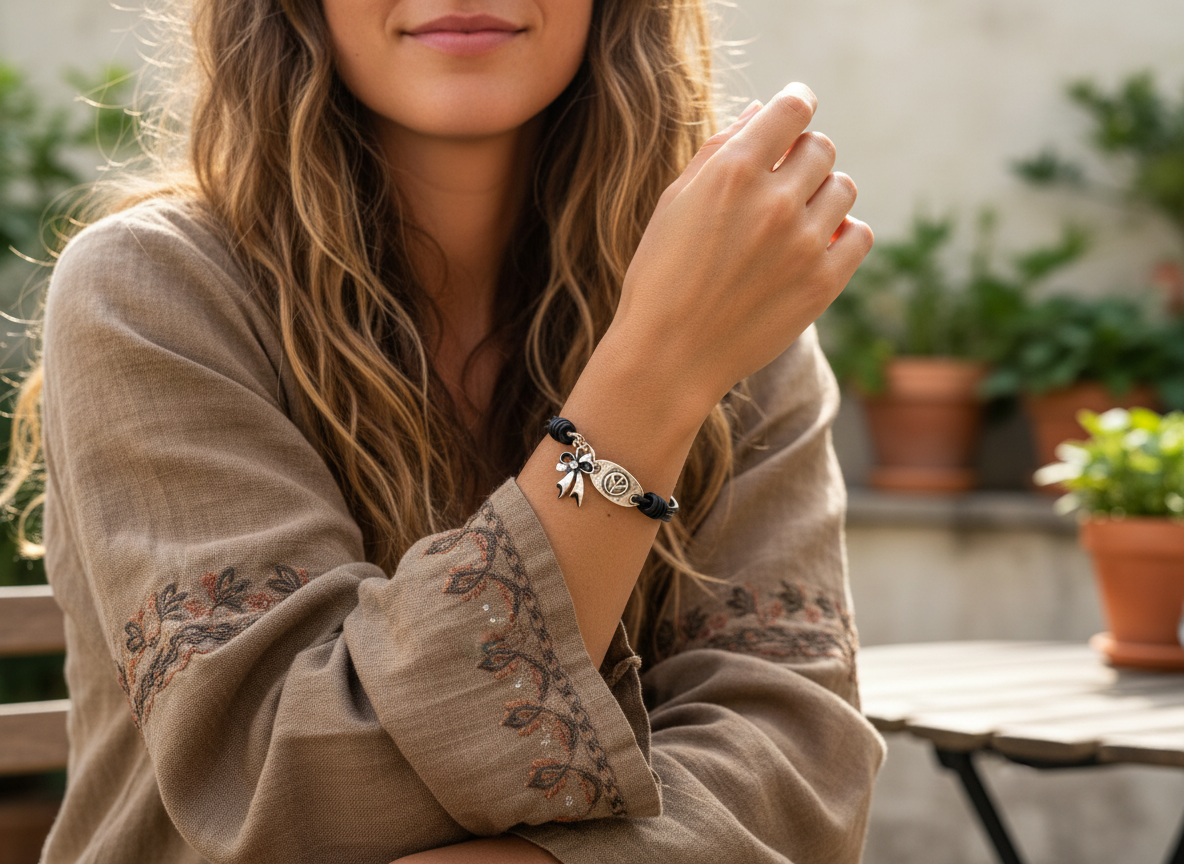 pulsera de cuero estilo hippie con simbolo de la paz . Raquel Jimenez  Artesanía