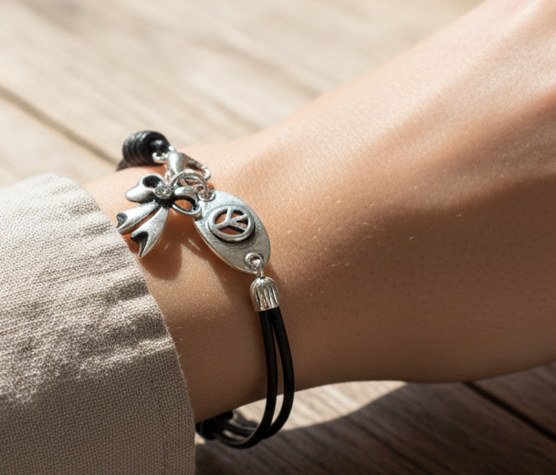 pulsera de cuero estilo hippie con simbolo de la paz . Raquel Jimenez  Artesanía