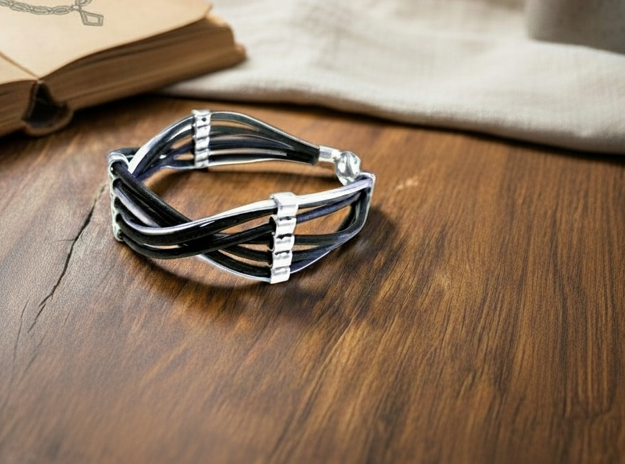 Unisex black and silver braided leather bracelet