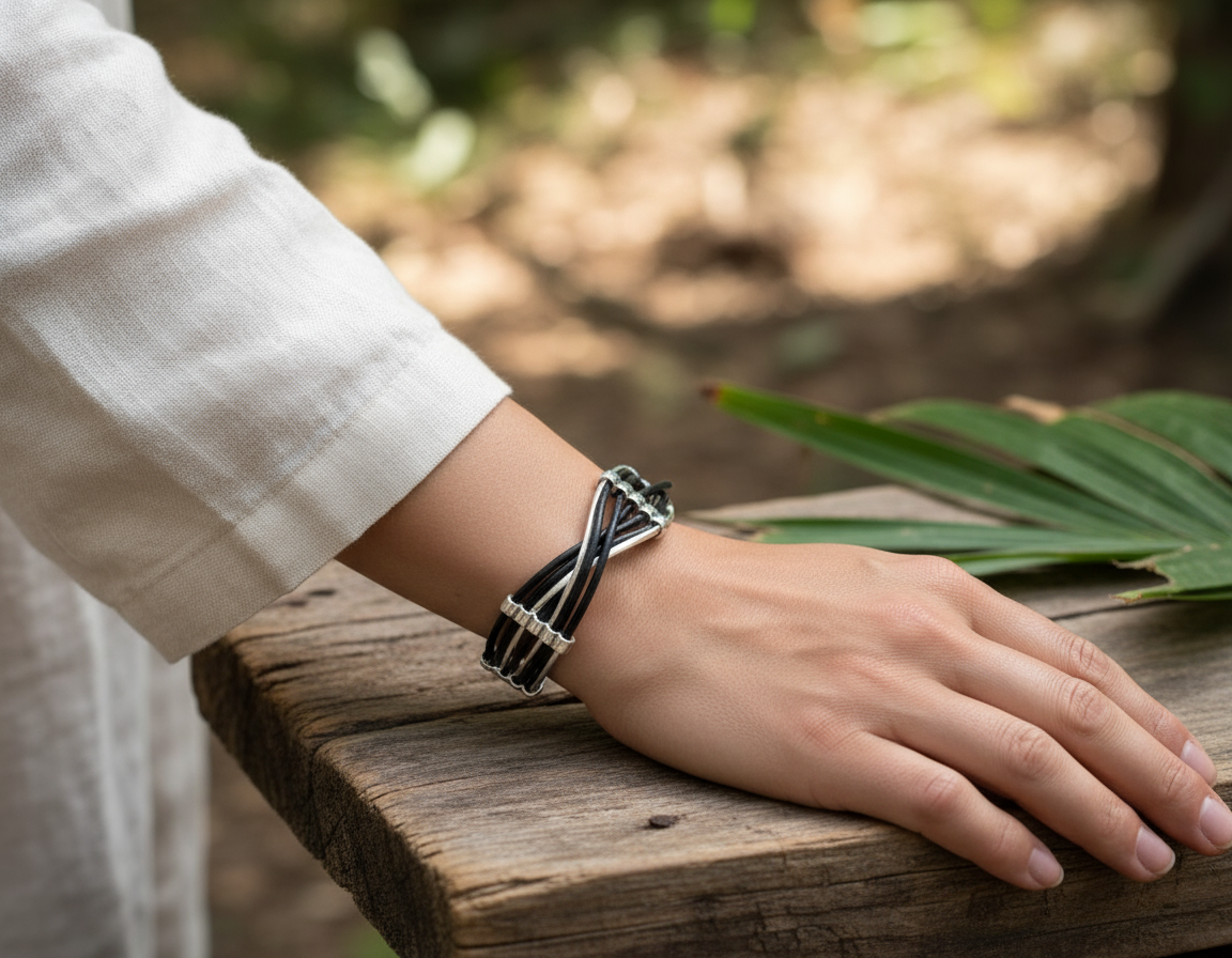 Bracelet unisexe en cuir tressé noir et argent