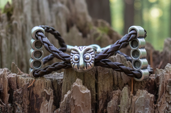 Pulsera de cuero trenzado con búho de la suerte