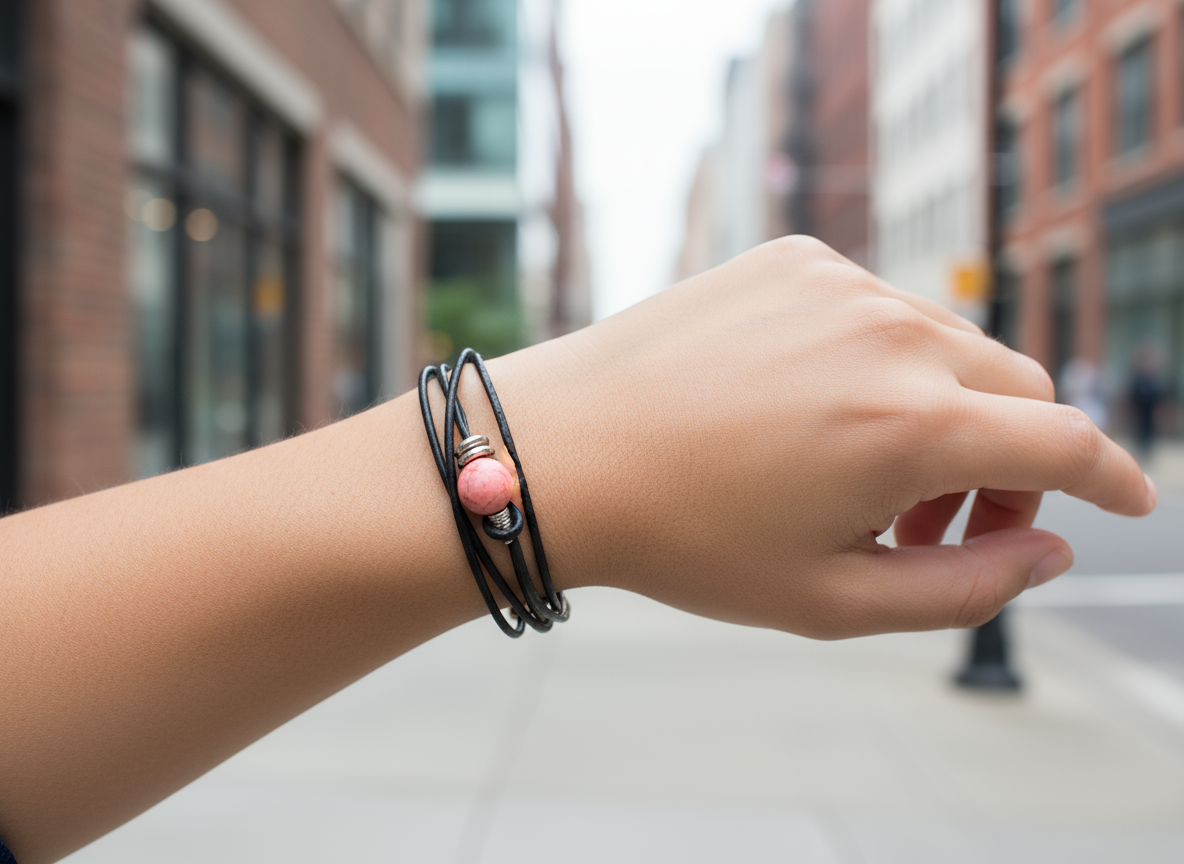Pulsera coral rojo de dos vueltas de cuero