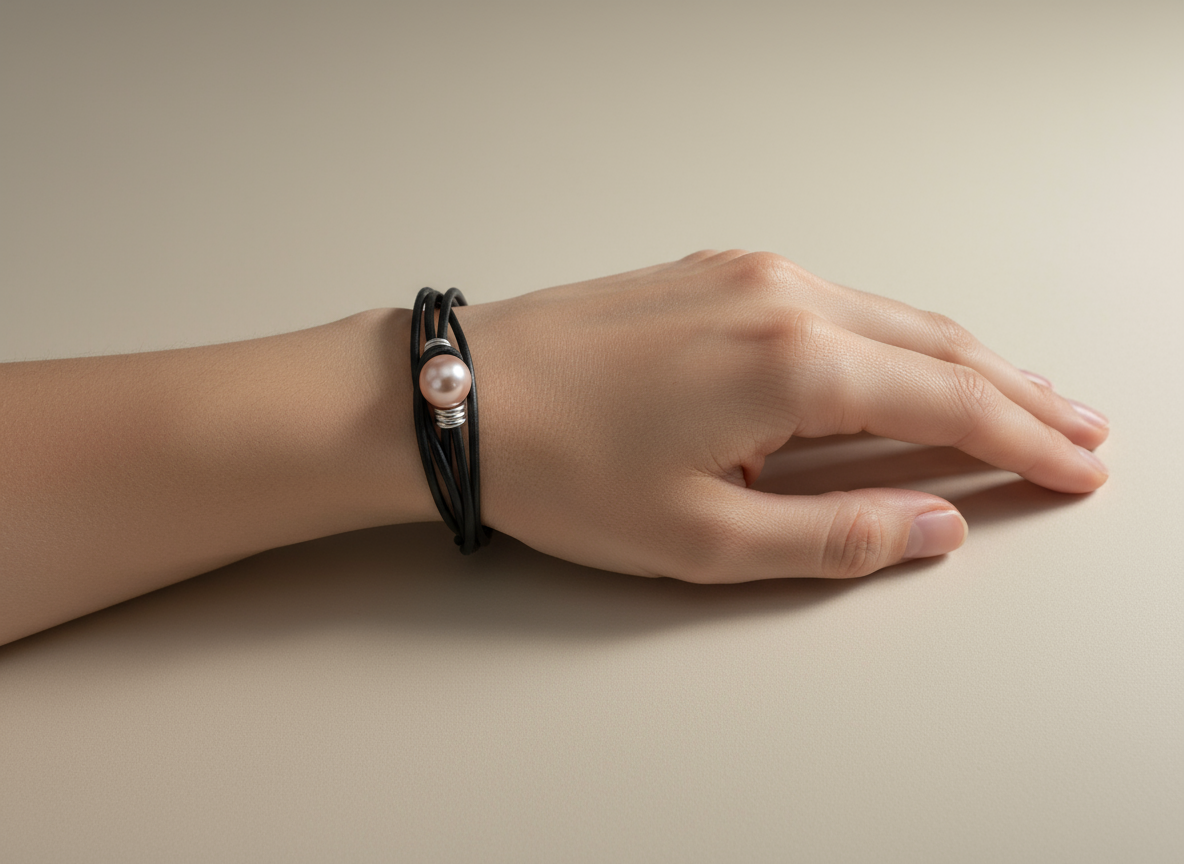 Pulsera doble de cuero negro con perla rosa