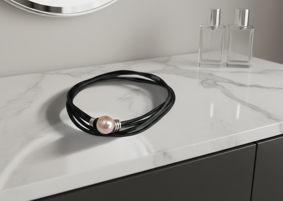 Pulsera cuero y perla rosa