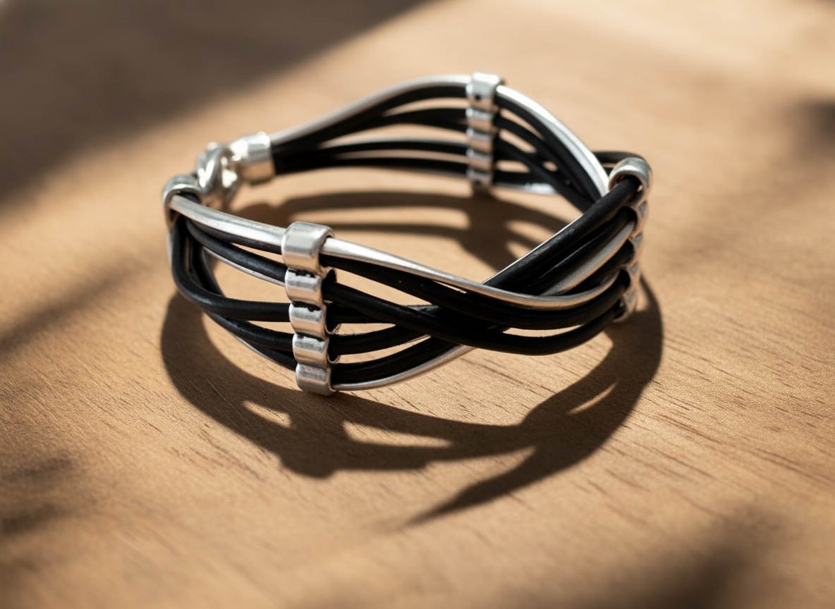 Unisex black and silver braided leather bracelet