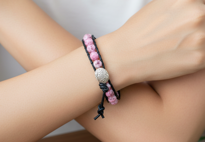 pulsera de cuero y bolas rosa jaspeado rodonita