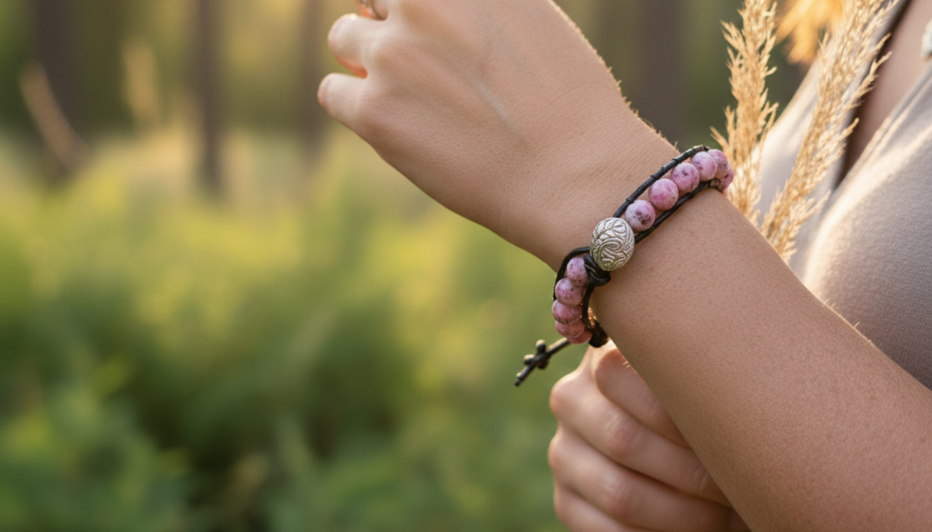 pulsera de cuero y bolas rosa jaspeado rodonita