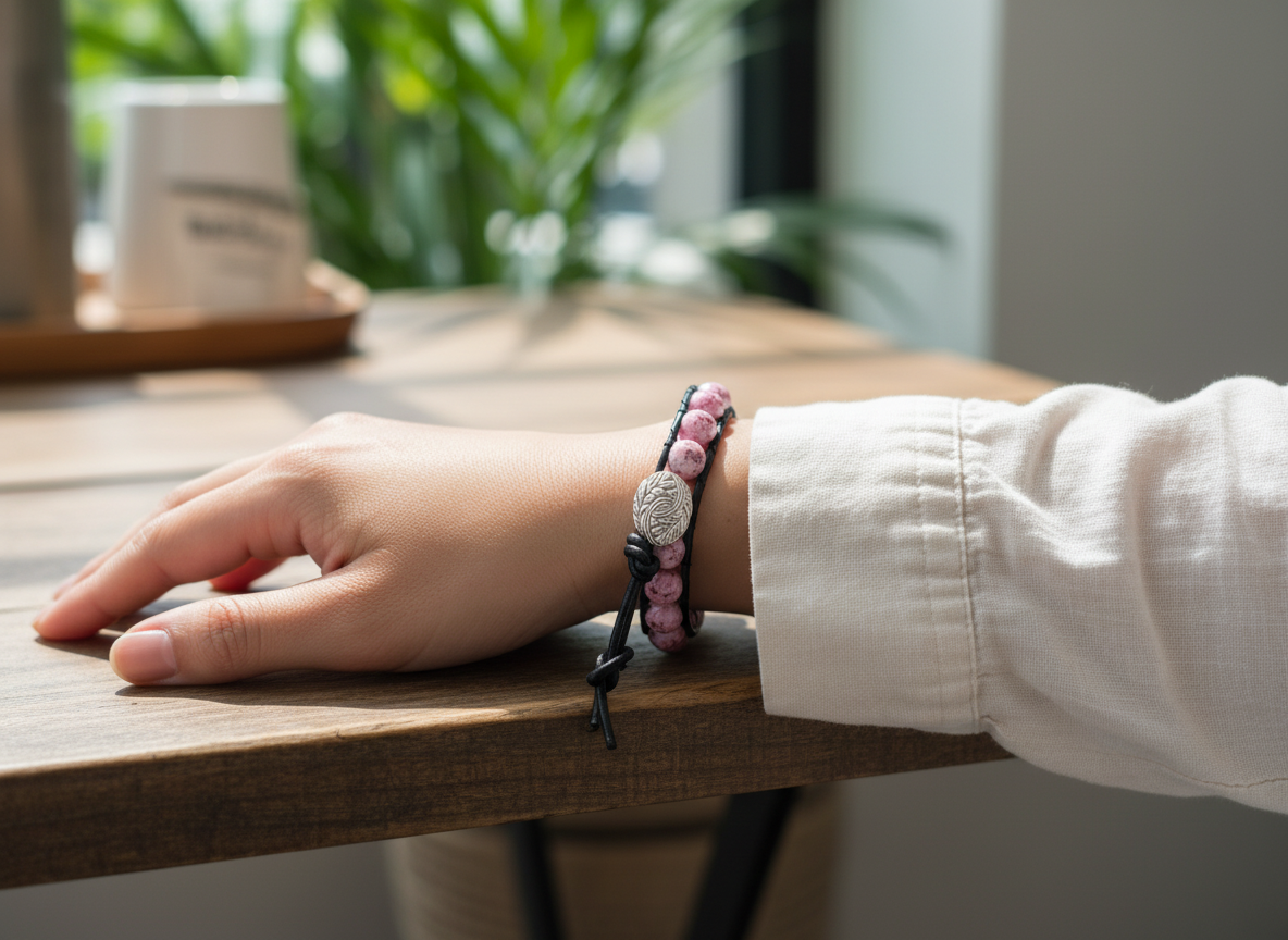 pulsera de cuero y bolas rosa jaspeado rodonita