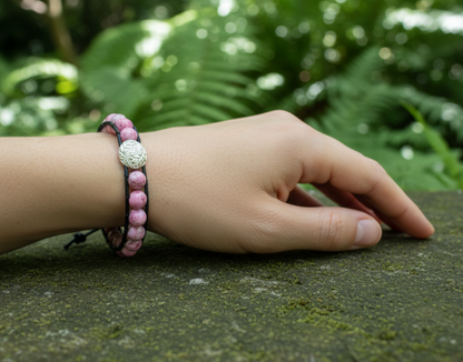 pulsera de cuero y bolas rosa jaspeado rodonita