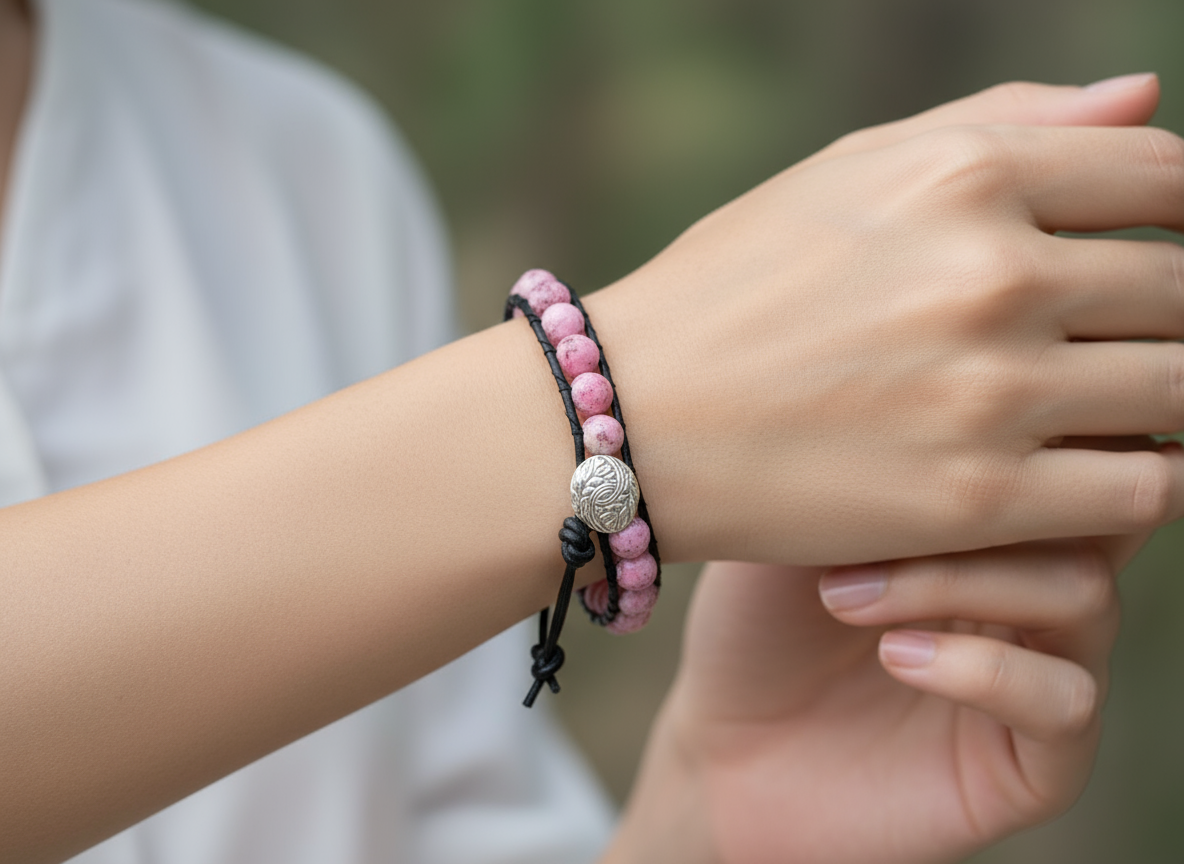 Pulsera cuero estilo chan luu con bolas  rodonita.