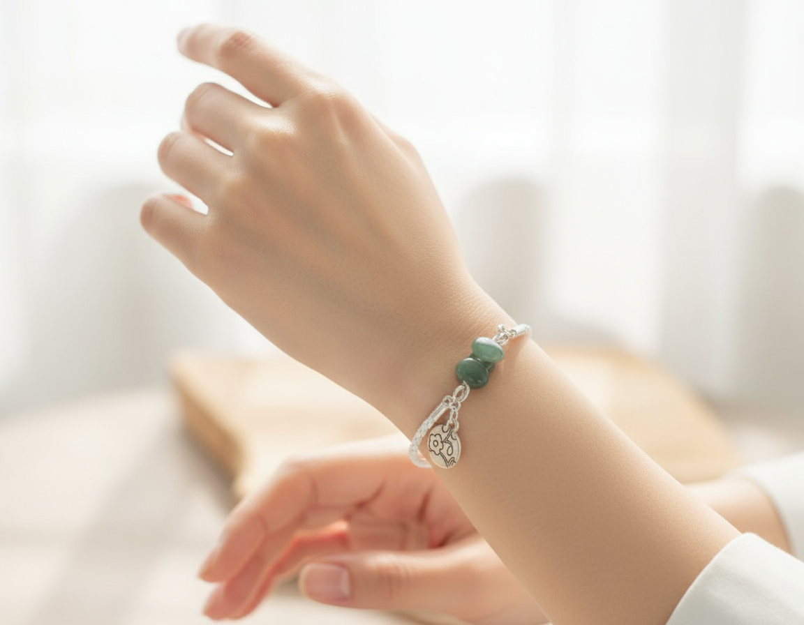 Bracelet tressé en cuir blanc et jade vert