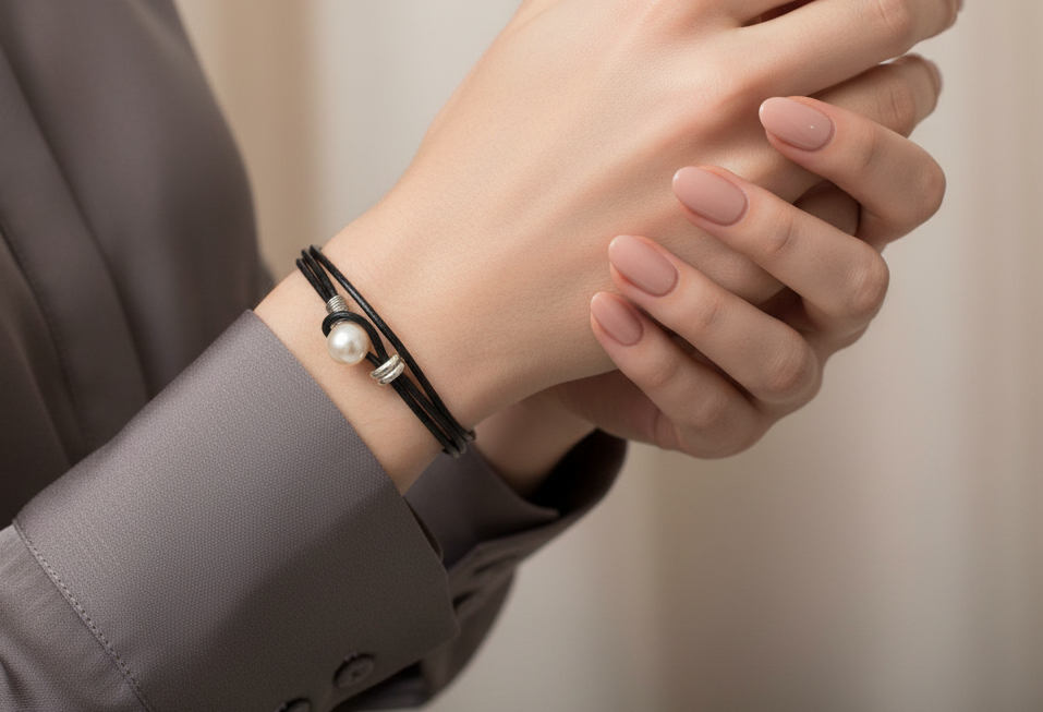 Pulsera doble de cuero negro con perla blanca