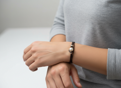 Bracelet double en cuir noir avec perle blanche