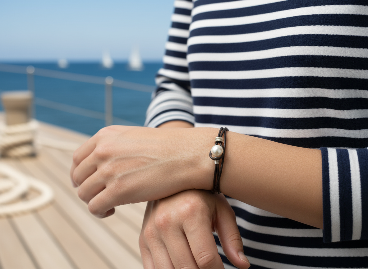 Bracelet double en cuir noir avec perle blanche