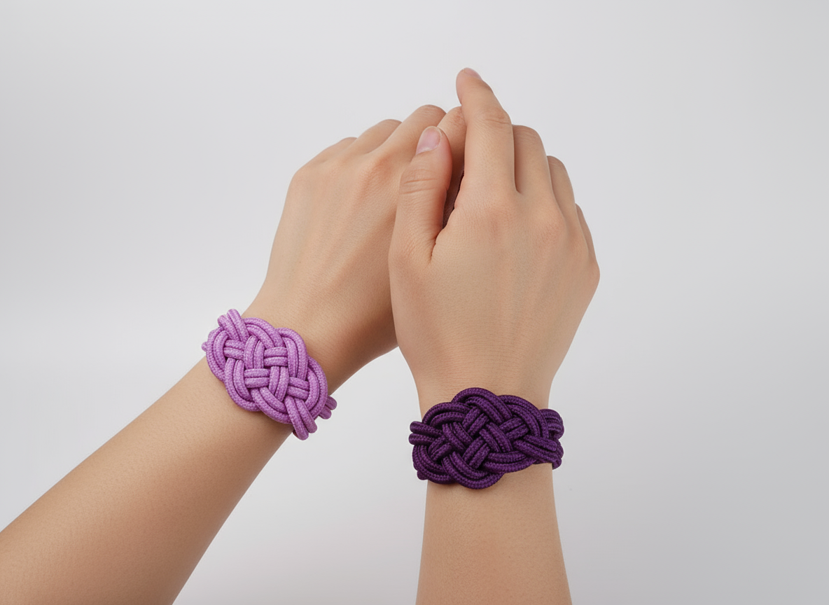 Pulsera macramé de colores malva y morado.
