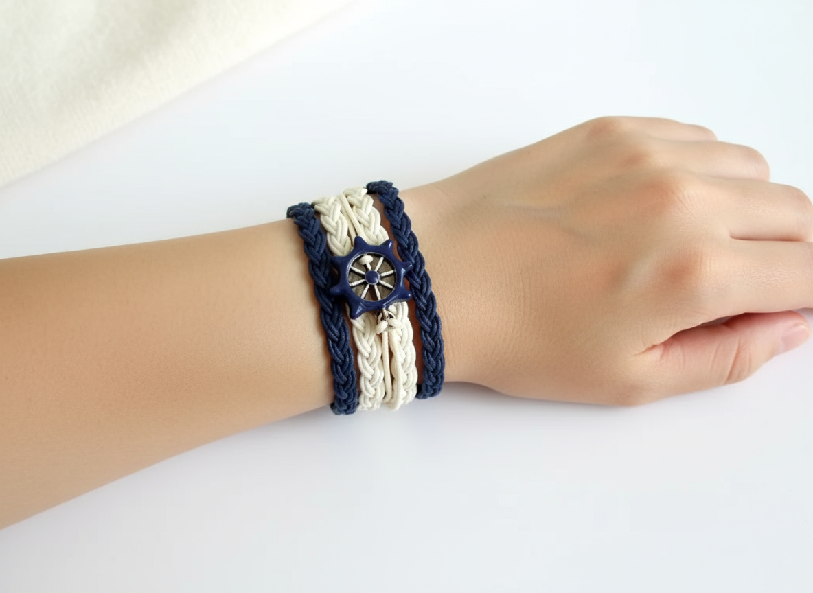 Bracelet de marin bleu et blanc avec gouvernail