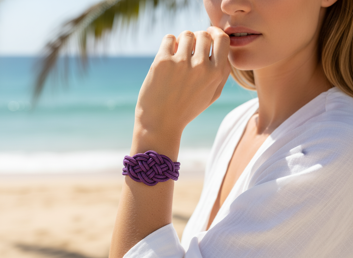 Pulsera macramé de colores malva y morado.