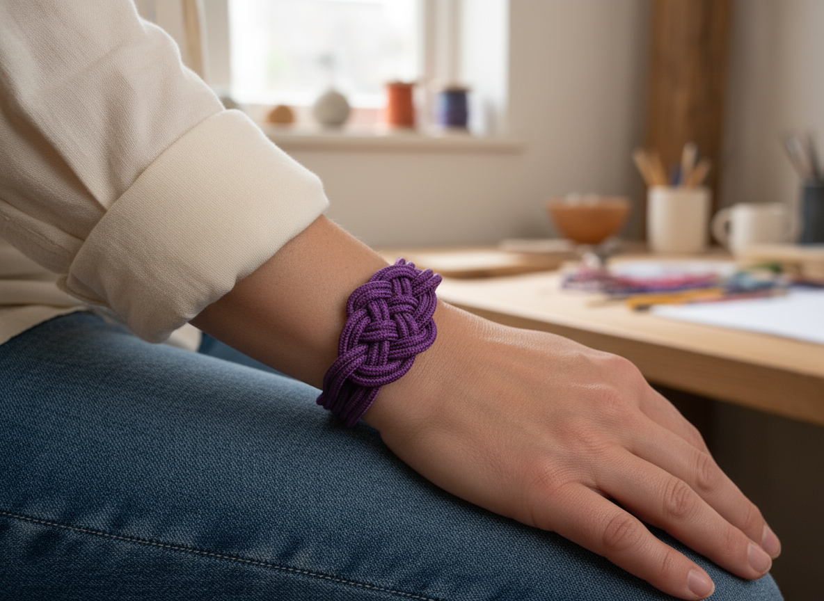 Pulsera macramé de colores malva y morado.