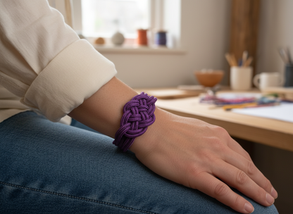 Pulsera macramé de colores malva y morado.
