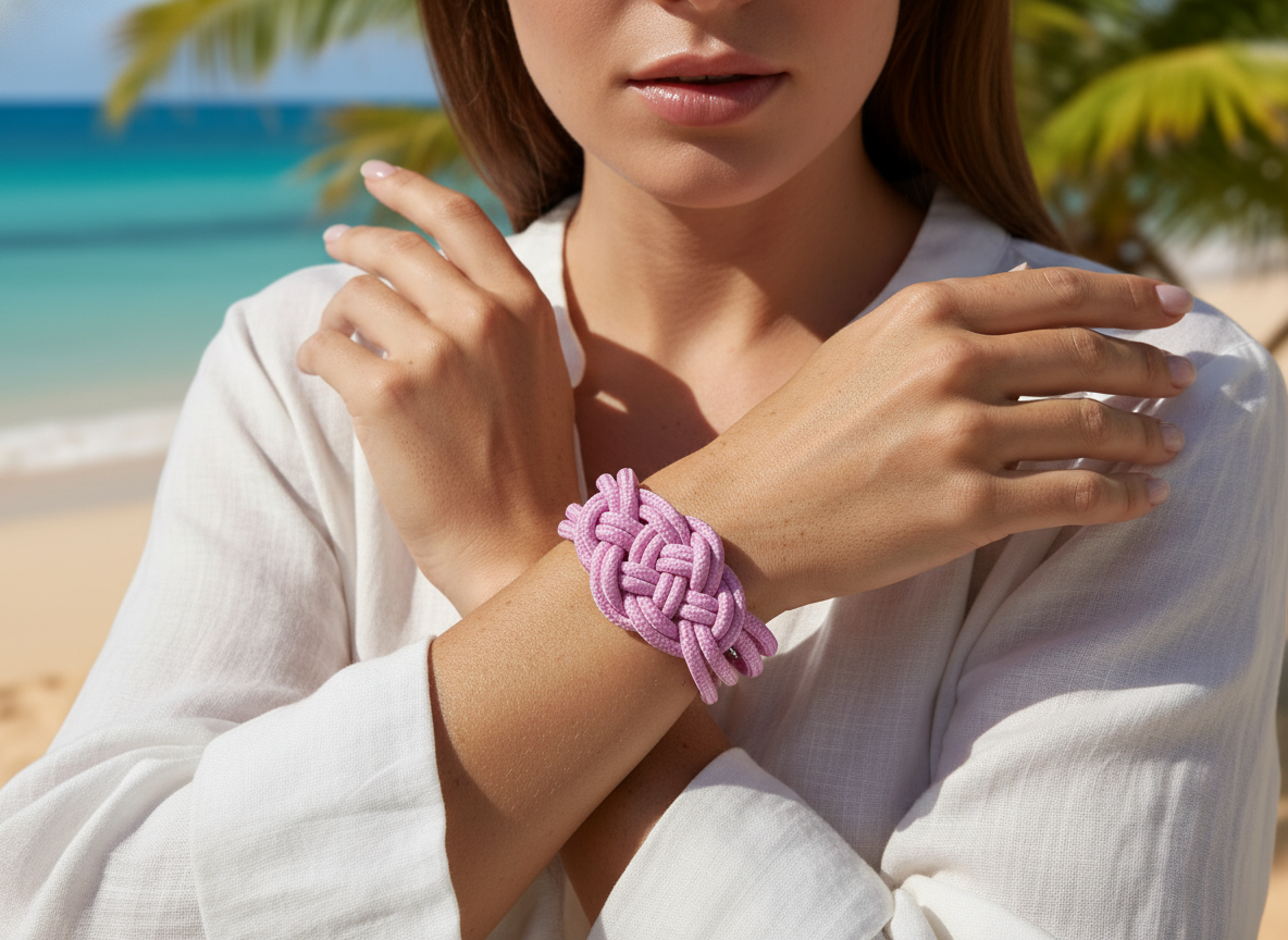 Pulsera macramé de colores malva y morado.