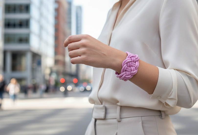 Pulsera macramé de colores malva y morado.