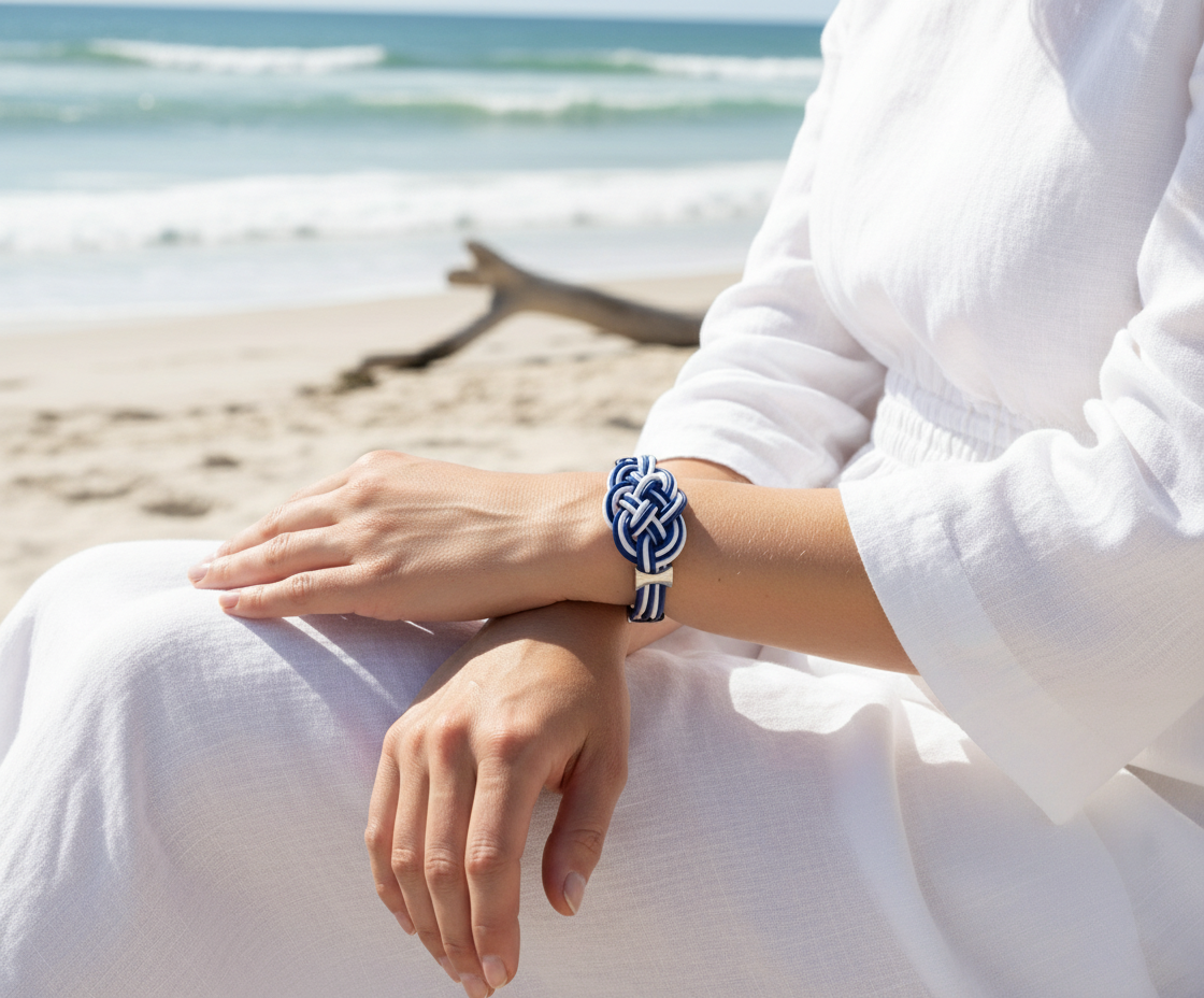 Pulsera con nudo marinero en cuero azul y blanco